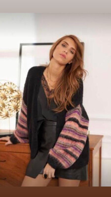 Mia Black Knit Cardigan with Multi Stripe Detail 
