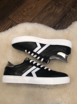 Black Leather Trainer with White and Gold Detail