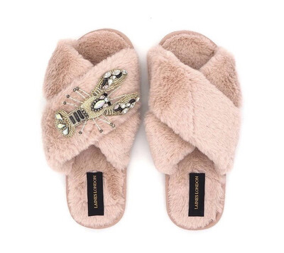 Pink Fluffy Slippers Gold Lobster By Laines London