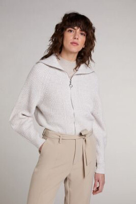 Oatmeal Knitted Cardigan with Stand-up Collar