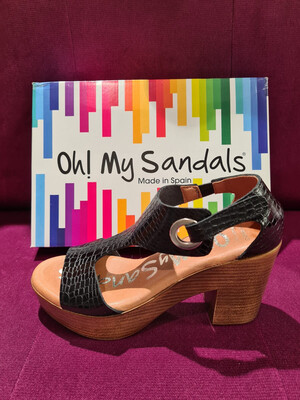 Black Croc Leather Wooden Block Heel Sandal Black Croc Leather Wooden Block Heel Sandal