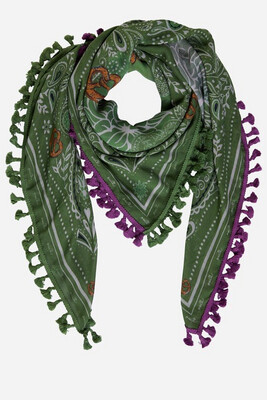 Green Printed Scarf With Purple Tassel Green Printed Scarf With Purple Tassel