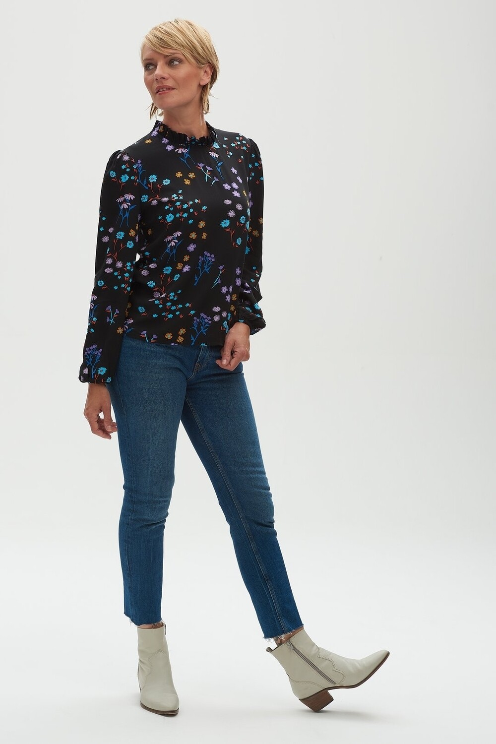 Maybell Black Floral Frill Neck Blouse