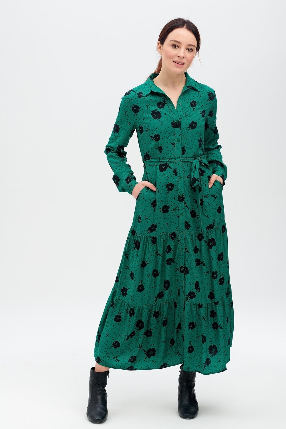 Sariah Green Floral Tiered Shirt Dress