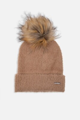 Tan Knitted Beanie With Faux Fur Pompon