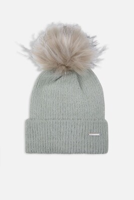 Sage Knitted Beanie With Faux Fur Pompon
