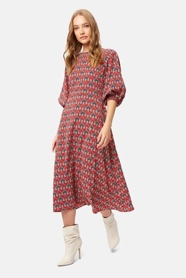 Red Geometric 3/4 Sleeve Midi Dress Red Geometric 3/4 Sleeve Midi Dress