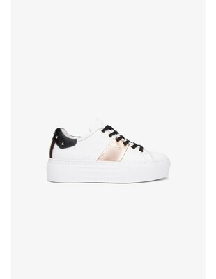 White And Black Platform Trainer With Rose Gold Detail