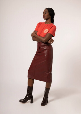 Edline Wine Faux Leather Midi Skirt