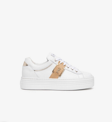 White Platform Trainer With Tan & Gold Detail
