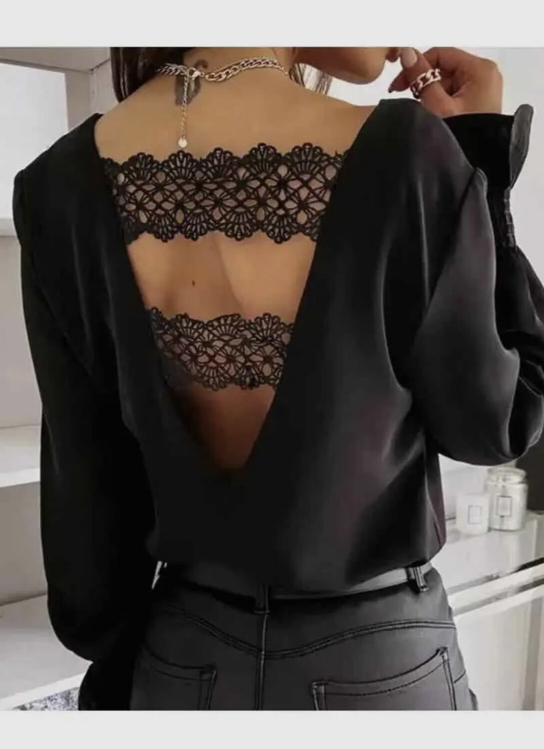 Plain Black Top With Open Back Lace