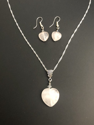 Heart Shaped Rose Quartz Necklace &amp; Earrings Set