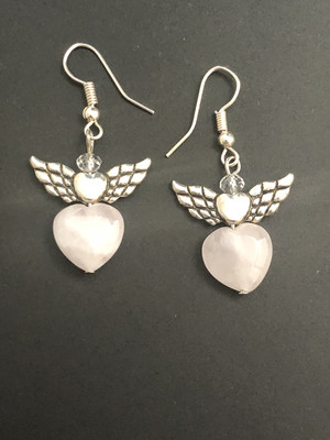 Heart Shaped Rose Quartz Angel Earrings
