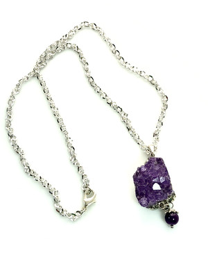 Amethyst Quartz Crystal Necklace - 24&quot; Silver Plated Chain