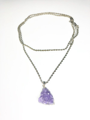 Amethyst Quartz Crystal Necklace - 32&quot; Antique Silver Plated Chain