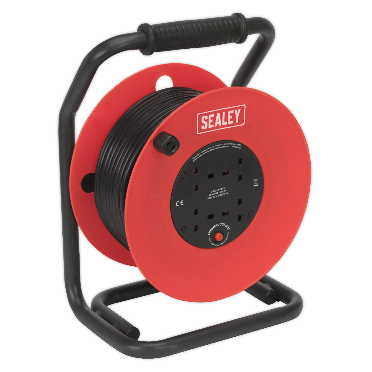 SEALEY Cable Reel 50m 4 x 230V 1.5mm² Heavy-Duty Thermal Trip