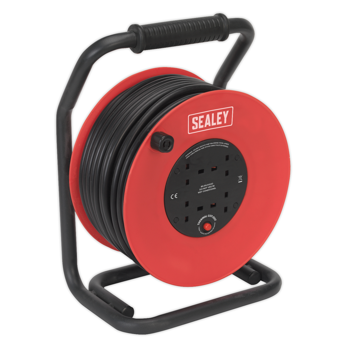 SEALEY Cable Reel 50m 4 x 230V 2.5mm² Heavy-Duty Thermal Trip