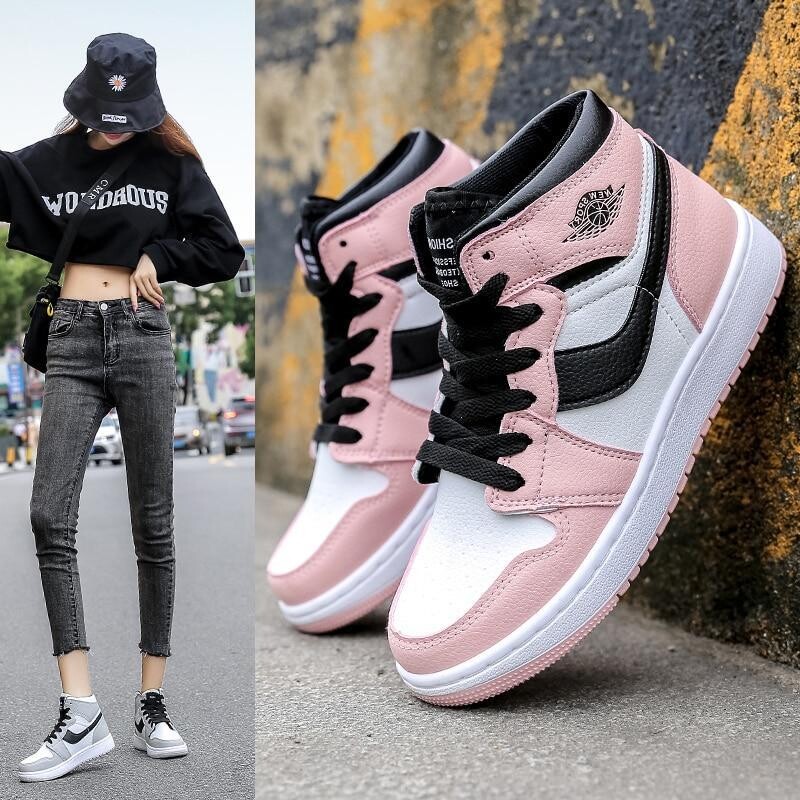 2021 Spring And Summer Leather Female Sports Running Shoes, Pink Aj Breathable Anti Slip Vulcanized Leisure High Top Plate Shoes