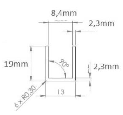 U-19x13x19x2.3 (8.4mm) Spoguļ-hromēts, L=2.65m