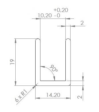 U-19x14.2x19x2 (10.2mm) slīpēts INOX, L=3m