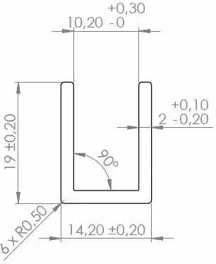 U-19x14,3x19x2 (10.2mm) pulēts varš, L=3.0m
