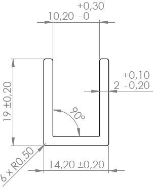 Alumīnija U-profils 19x14.2x19x2mm (10.2mm), slīpēts varš, 3m, piemērots 10mm stiklam