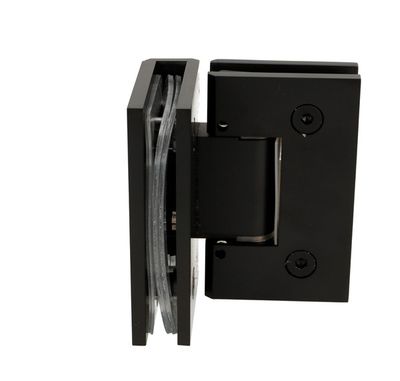 Melna TEX III eņģe stikls/stikls, 90°, piemērota 6-10 mm stiklam, 15° regulācija un 25° atgriešanās funkcija