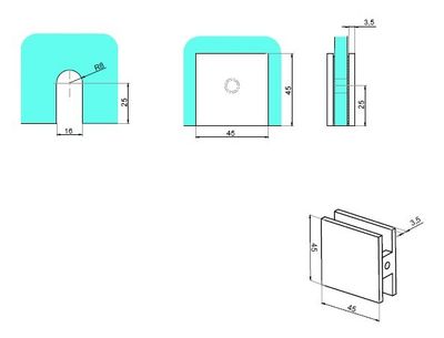 Stiprinājums stiklam MELNS, siena/stikls 45x45mm, 6-12mm stiklam