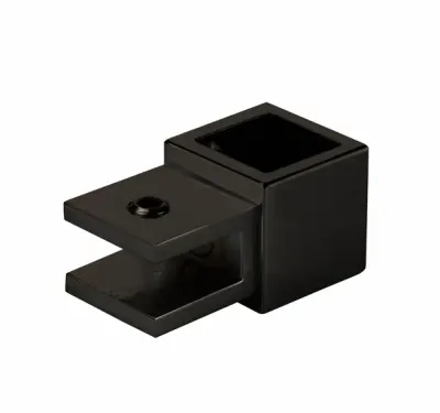Centrālais caurejošs turētājs 19x19 mm kvadrātcaurulei melns pārklājums 8-10mm stiklam stikla margām