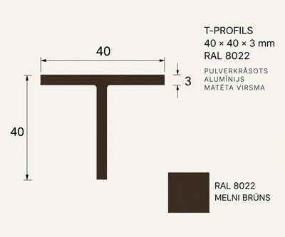 Alumīnija T-profils 40×40×3 mm, RAL 8022 MAT