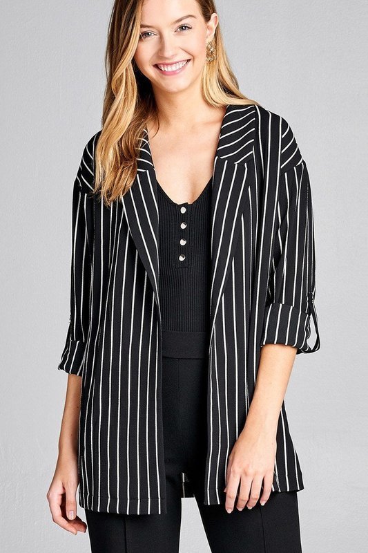 Ladies fashion 3/4 roll up sleeve open front stripe woven jacket (Copy)