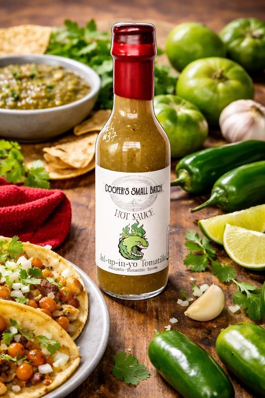 Bottle of mild tomatillo hot sauce by Cooper’s Small Batch surrounded by tacos, tomatillos, jalapeños, garlic, and salsa verd