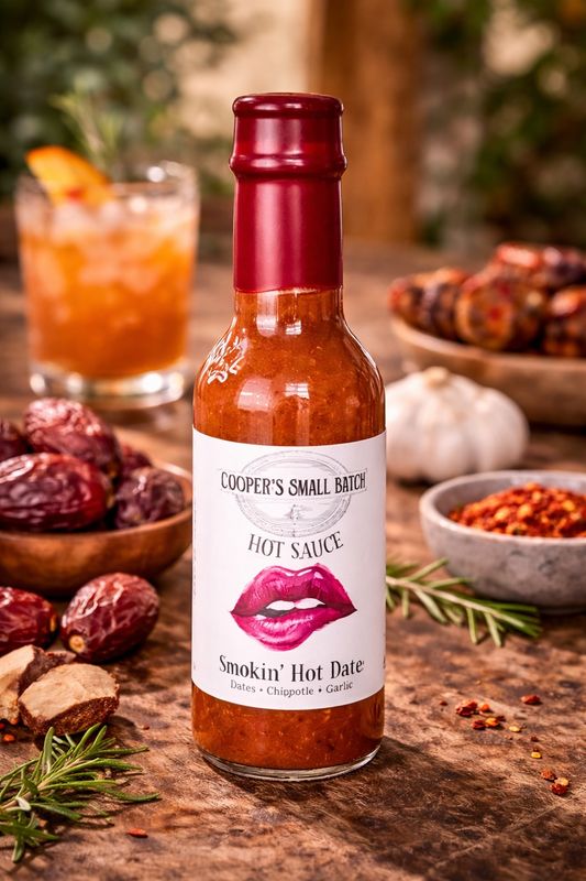 Smoky chipotle hot sauce bottle with dates, garlic, and spices on rustic table