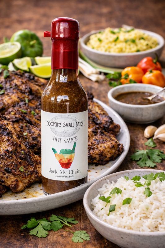 Caribbean jerk hot sauce bottle with grilled jerk chicken, rice, lime wedges, and peppers on a rustic table