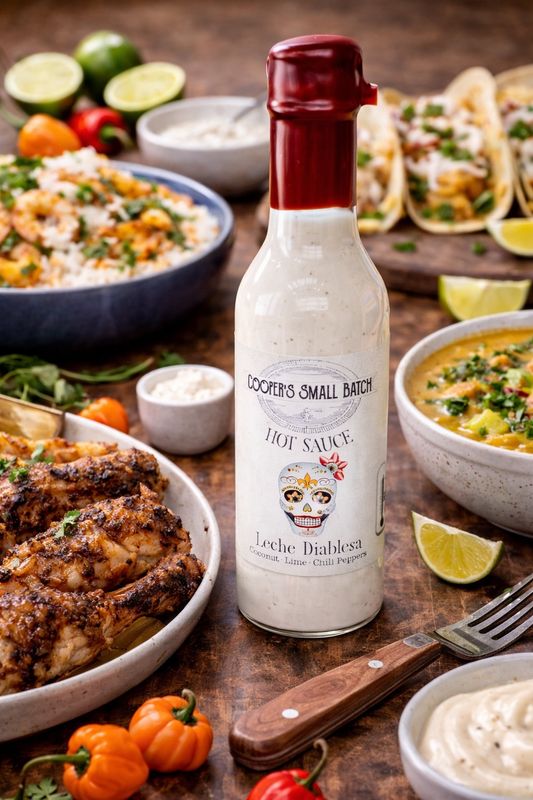 Coconut hot sauce bottle with shrimp, tacos, curry, and fresh ingredients on a rustic table
