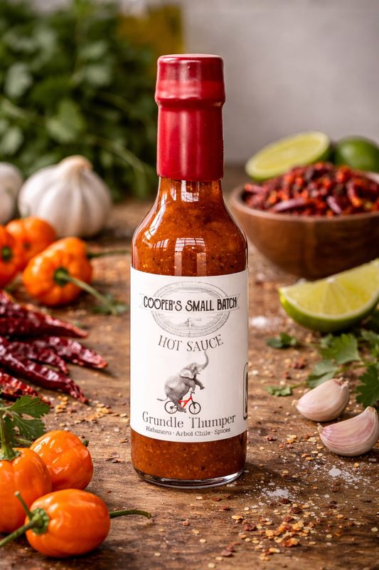 Grundle Thumper hot sauce bottle by Cooper’s Small Batch surrounded by habanero peppers, chiles and garlic