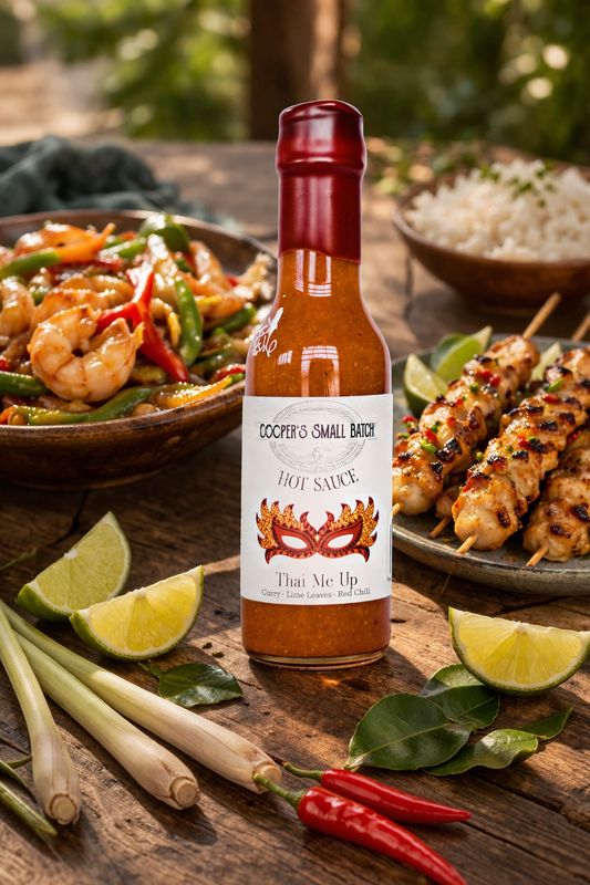 Thai chili hot sauce bottle with ginger, lemongrass, lime, and shrimp dishes on rustic table
