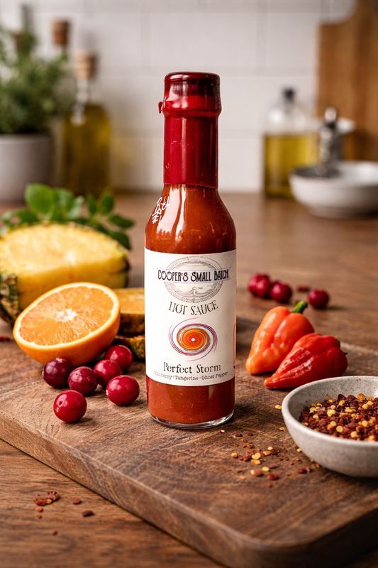 Perfect Storm ghost pepper hot sauce by Cooper’s Small Batch with pineapple, citrus, and cranberries on a rustic kitchen coun