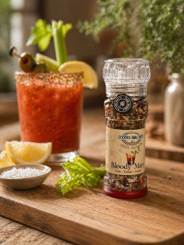 Bloody Mary Seasoning on wood tray with a Bloody Mary drink 