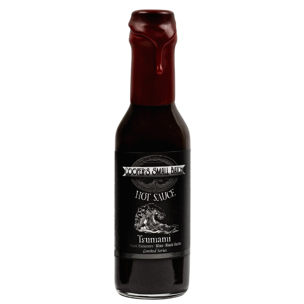 umami hot sauce with black garlic and miso Cooper’s Small Batch bottle