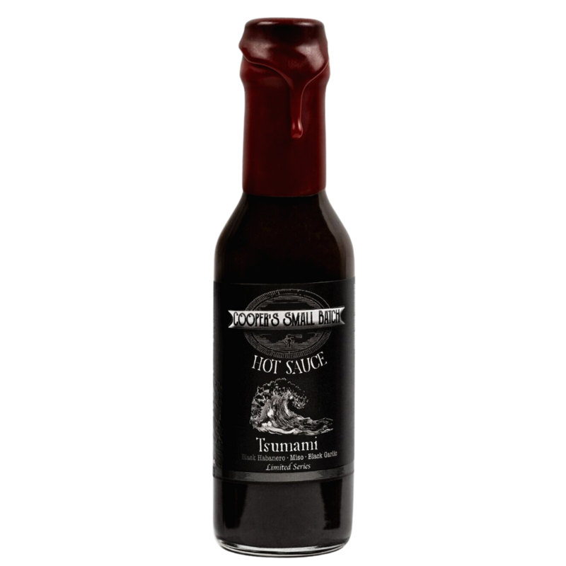 umami hot sauce with black garlic and miso Cooper’s Small Batch bottle