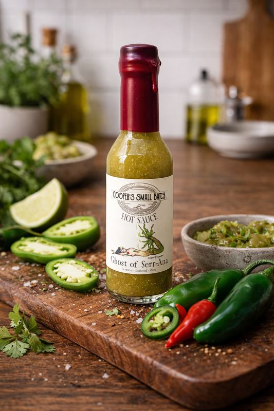 Green ghost pepper hot sauce by Cooper’s Small Batch with serrano peppers, lime, and fresh herbs on a wooden kitchen board