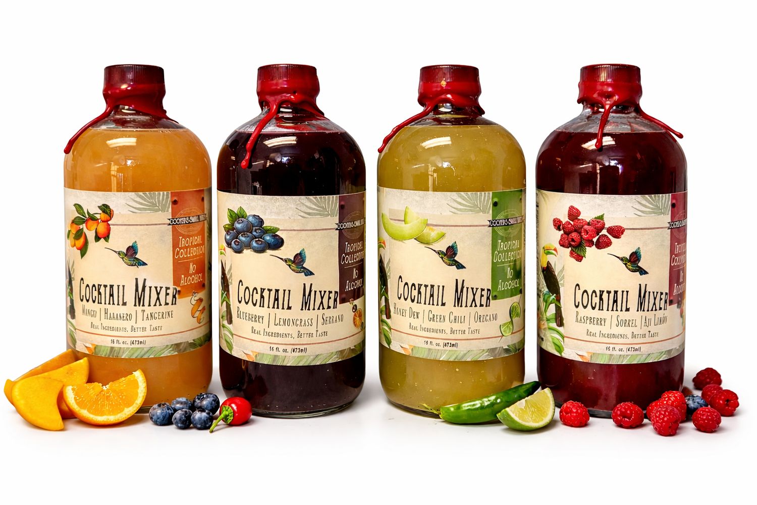 Non-alcoholic mocktail mixer variety pack with four flavors—mango habanero tangerine, blueberry lemongrass serrano, honey dew