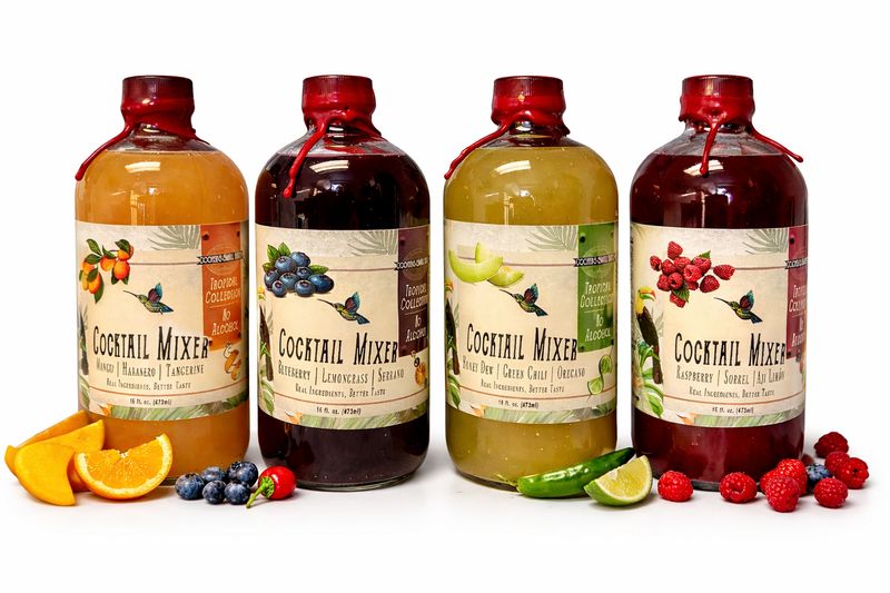 Non-alcoholic mocktail mixer variety pack with four flavors—mango habanero tangerine, blueberry lemongrass serrano, honey dew