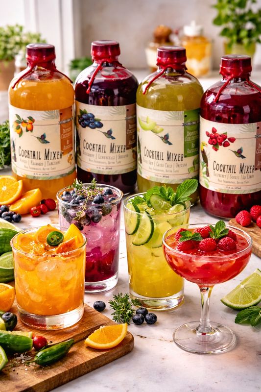Non-alcoholic mocktail mixers with four craft flavors served as finished drinks, featuring fresh fruit, herbs, and chili garn