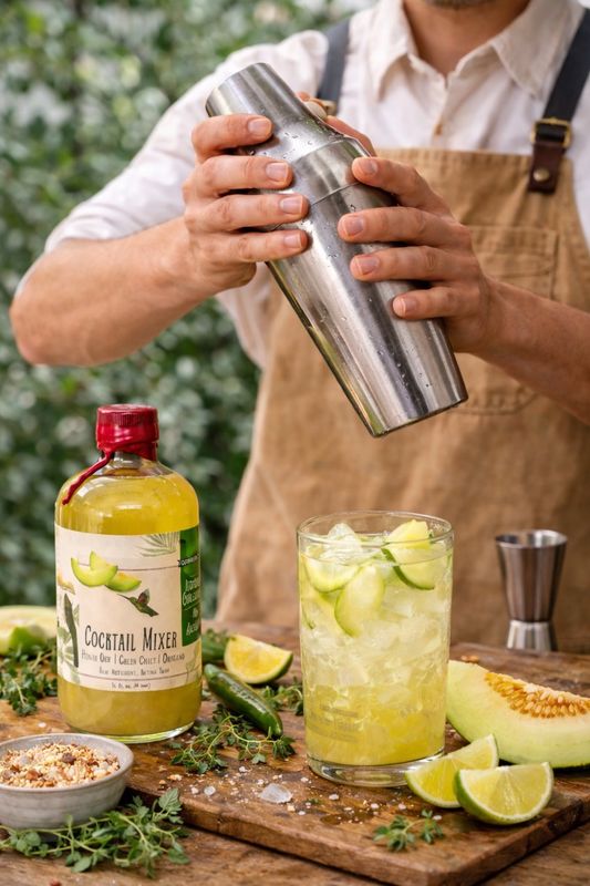 bartender shaking the cocktail mix to make a drink. Bottle on wood plank with fresh limes, and peppers. 