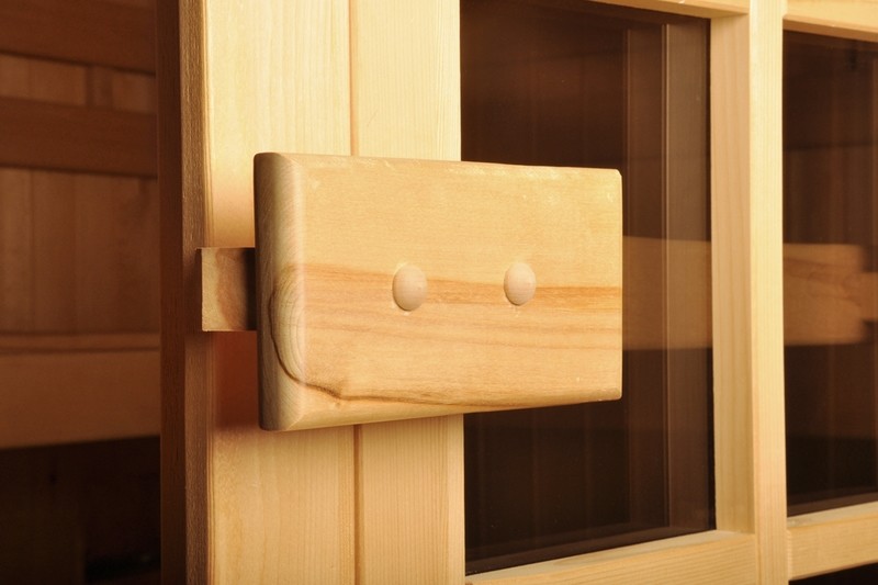 Wood handle and latch with stainless steel spring loaded catch