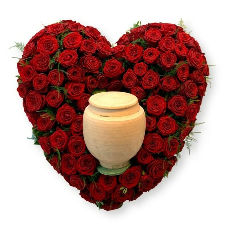 Urnenschmuck Herz mit rote Rosen