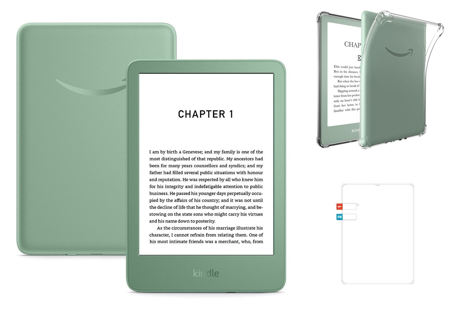 Kindle 6" Gen 11 (2024) BUNDLE, Choose your configuration: Green Kindle, Transparent Cover (16GB, Wi-Fi, Without Lockscreen Ads)