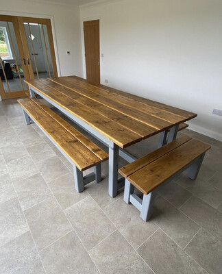 Rustic Refectory Banqueting Table, 4 Half Benches & 2 End Benches